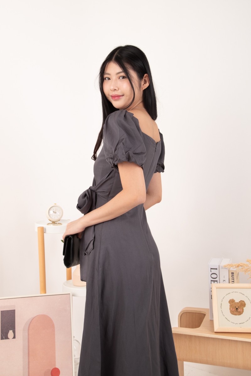 Roseline Self Tie Midi Dress in Gunmetal