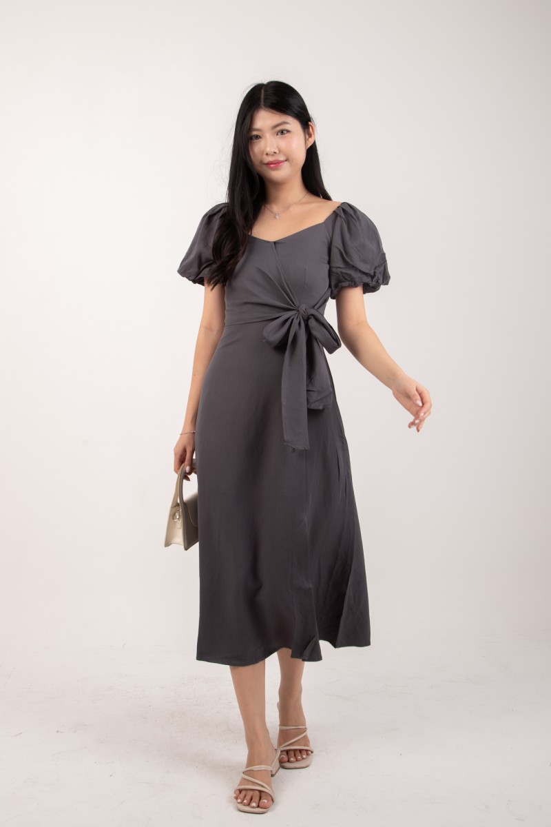 Roseline Self Tie Midi Dress in Gunmetal