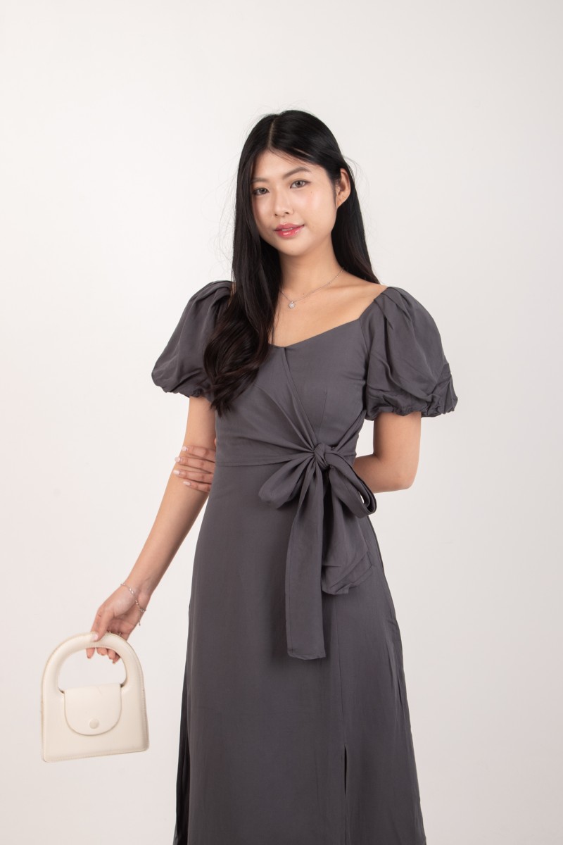Roseline Self Tie Midi Dress in Gunmetal