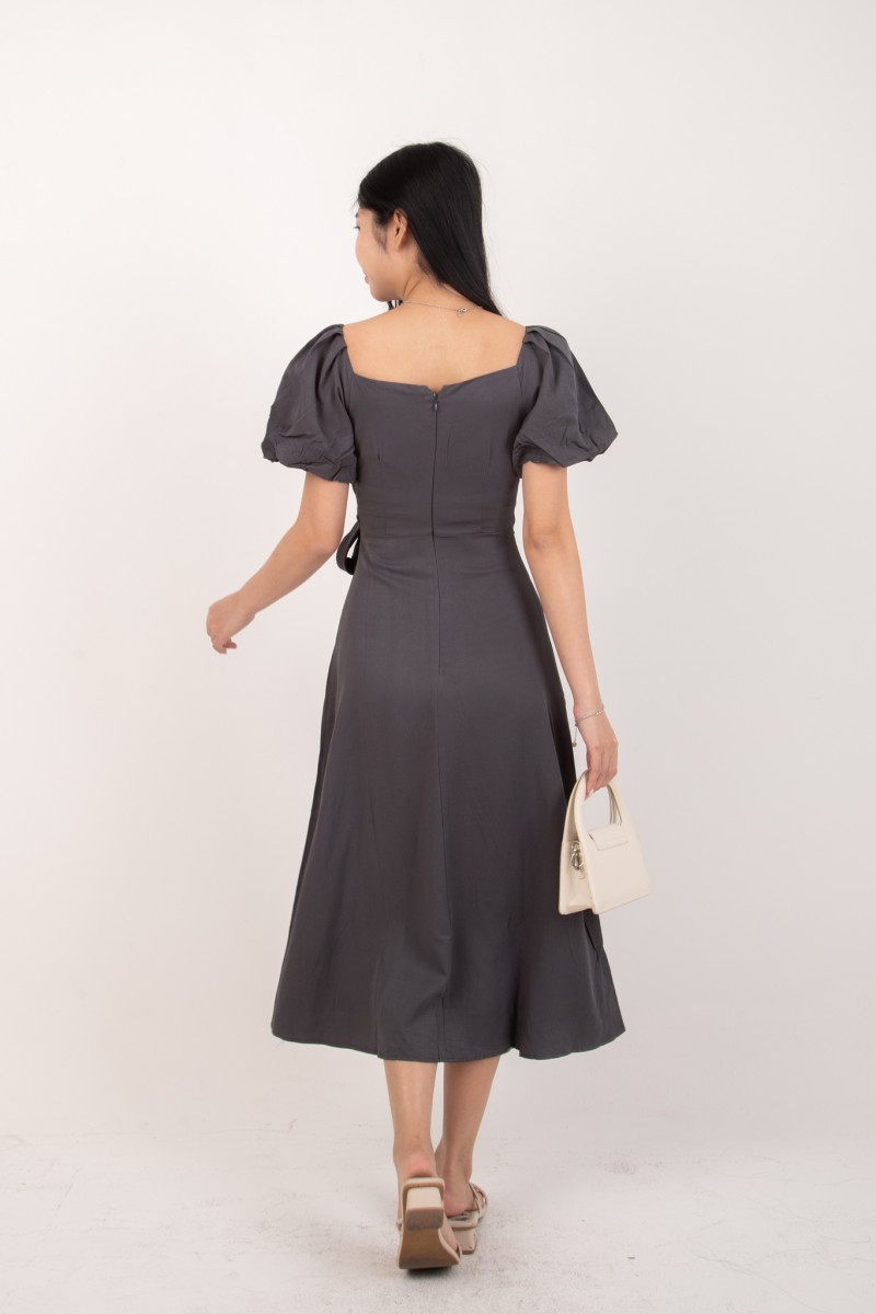 Roseline Self Tie Midi Dress in Gunmetal