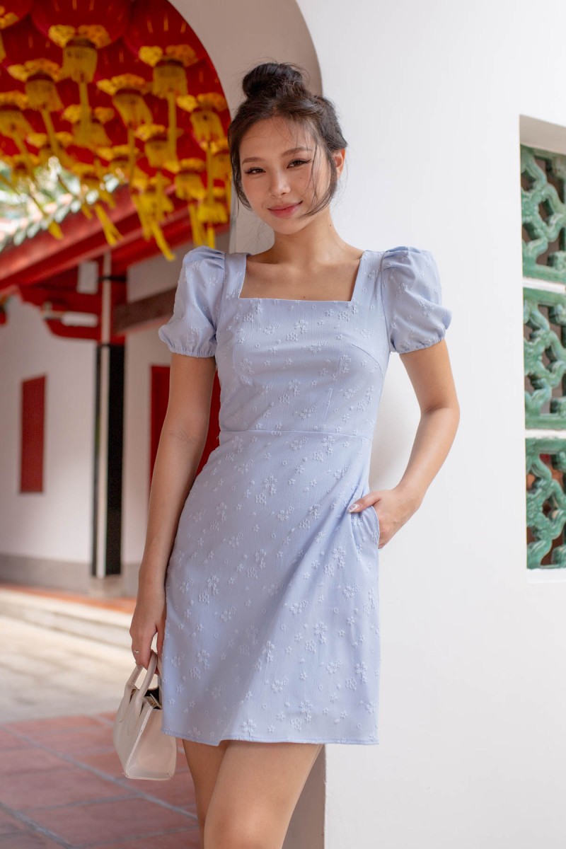 Kevonne Square-Neck Textured Dress in Blue (MY)