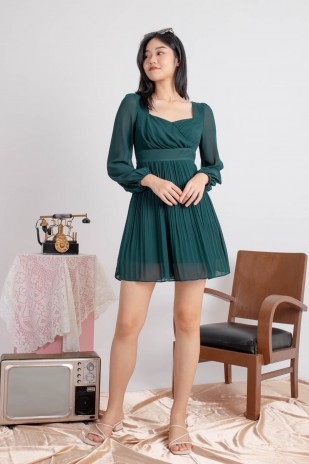 Ayra Sleeved Pleated Dress in Dark Teal (MY)