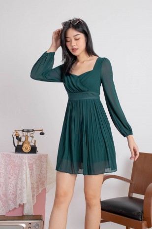 Ayra Sleeved Pleated Dress in Dark Teal (MY)