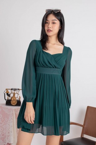 Ayra Sleeved Pleated Dress in Dark Teal (MY)