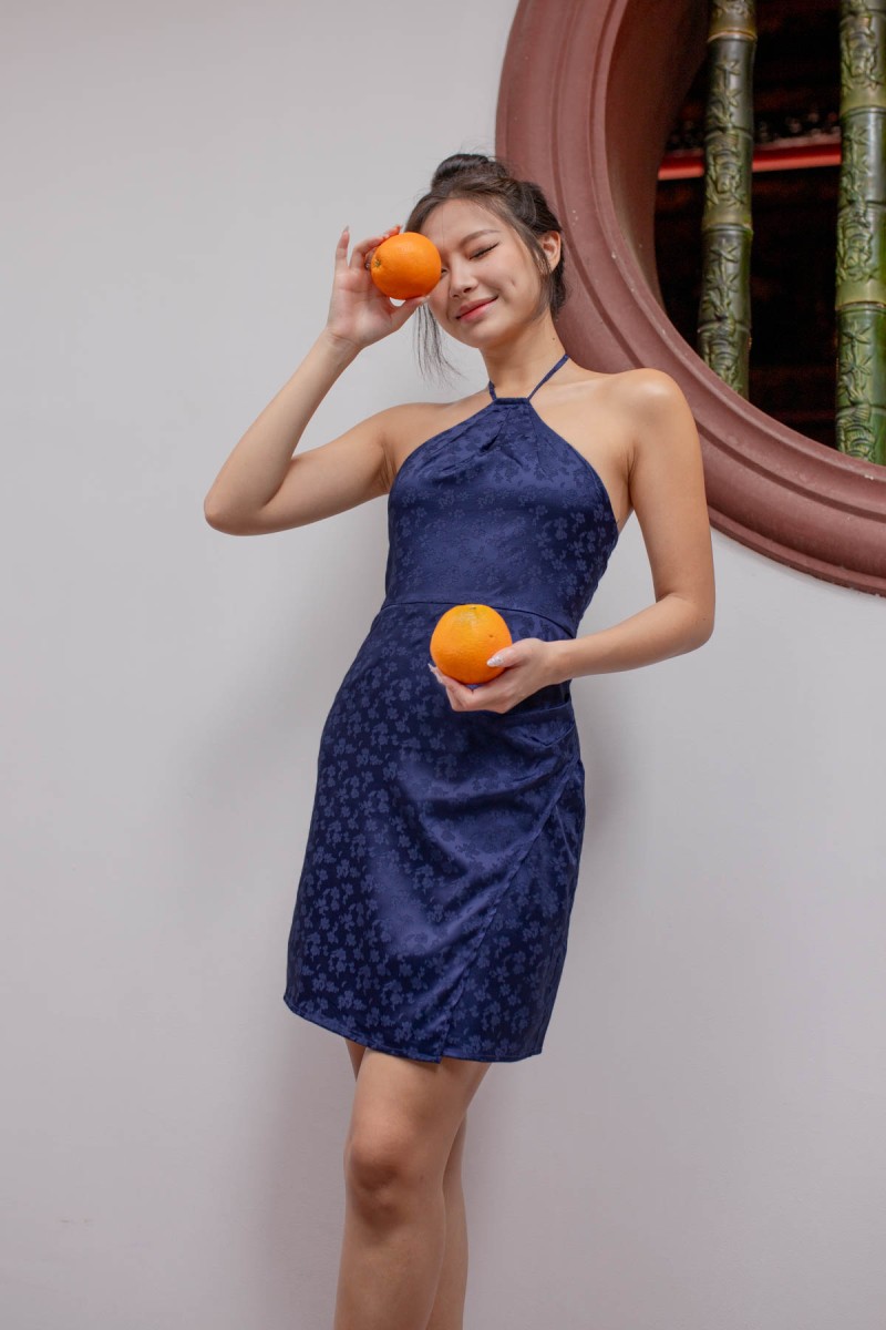 Serenity Embossed Self-Tie Halter Dress in Navy (MY)