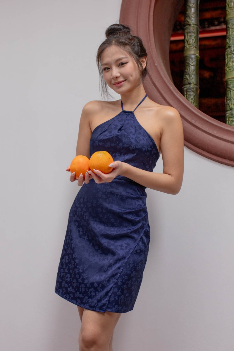 Serenity Embossed Self-Tie Halter Dress in Navy (MY)