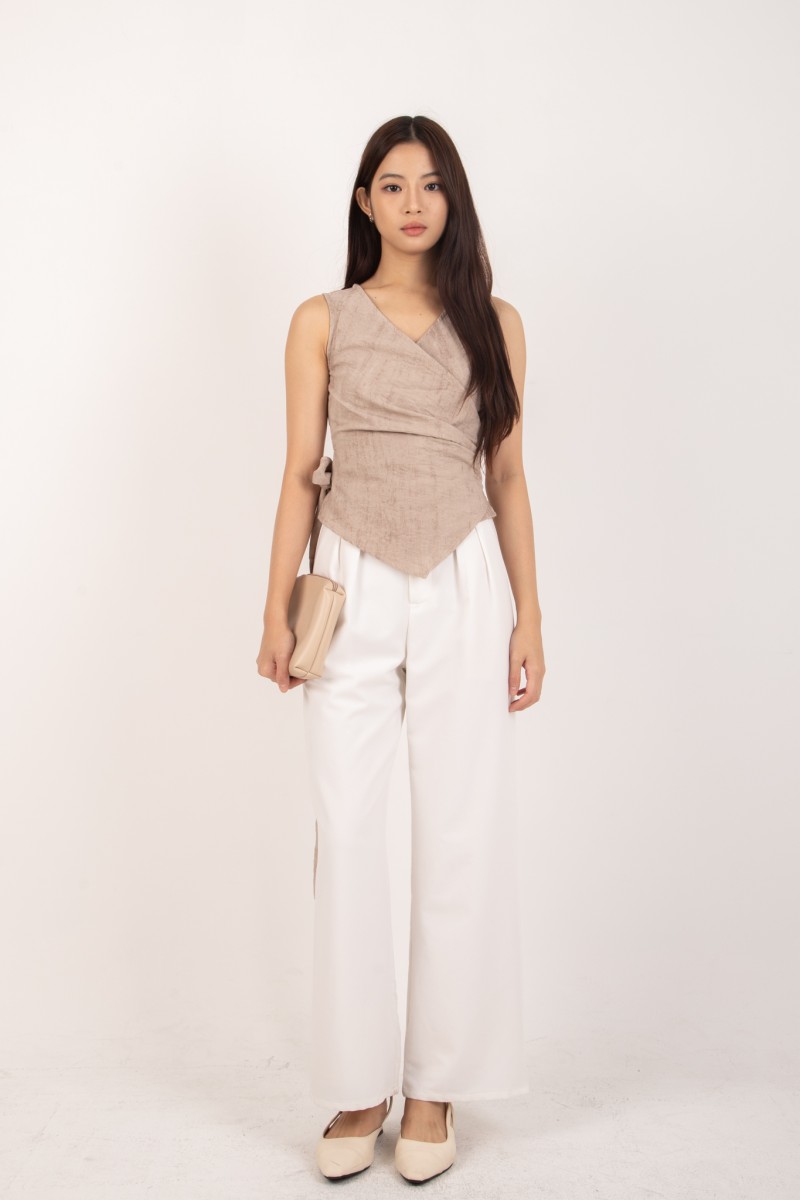 RESTOCK: Evrae Ruched Wrap Vest Top in Warm Taupe