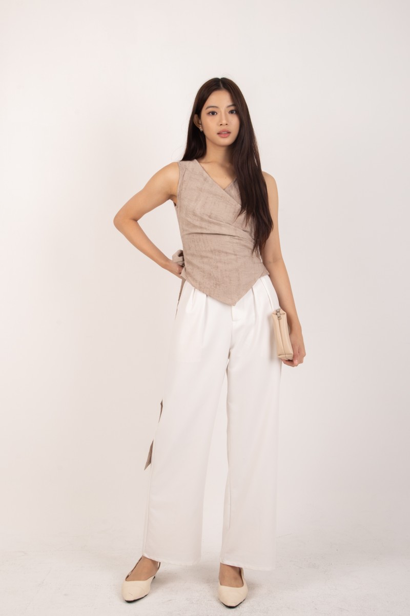 RESTOCK: Evrae Ruched Wrap Vest Top in Warm Taupe