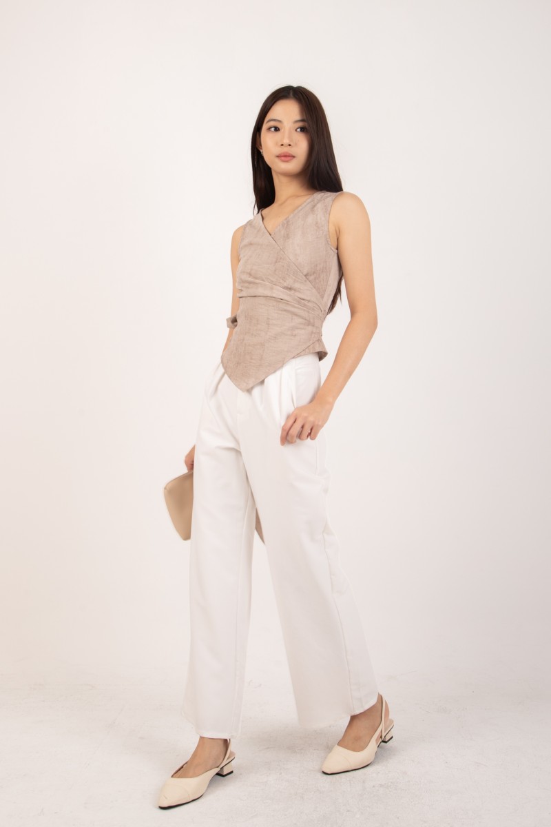 RESTOCK: Evrae Ruched Wrap Vest Top in Warm Taupe