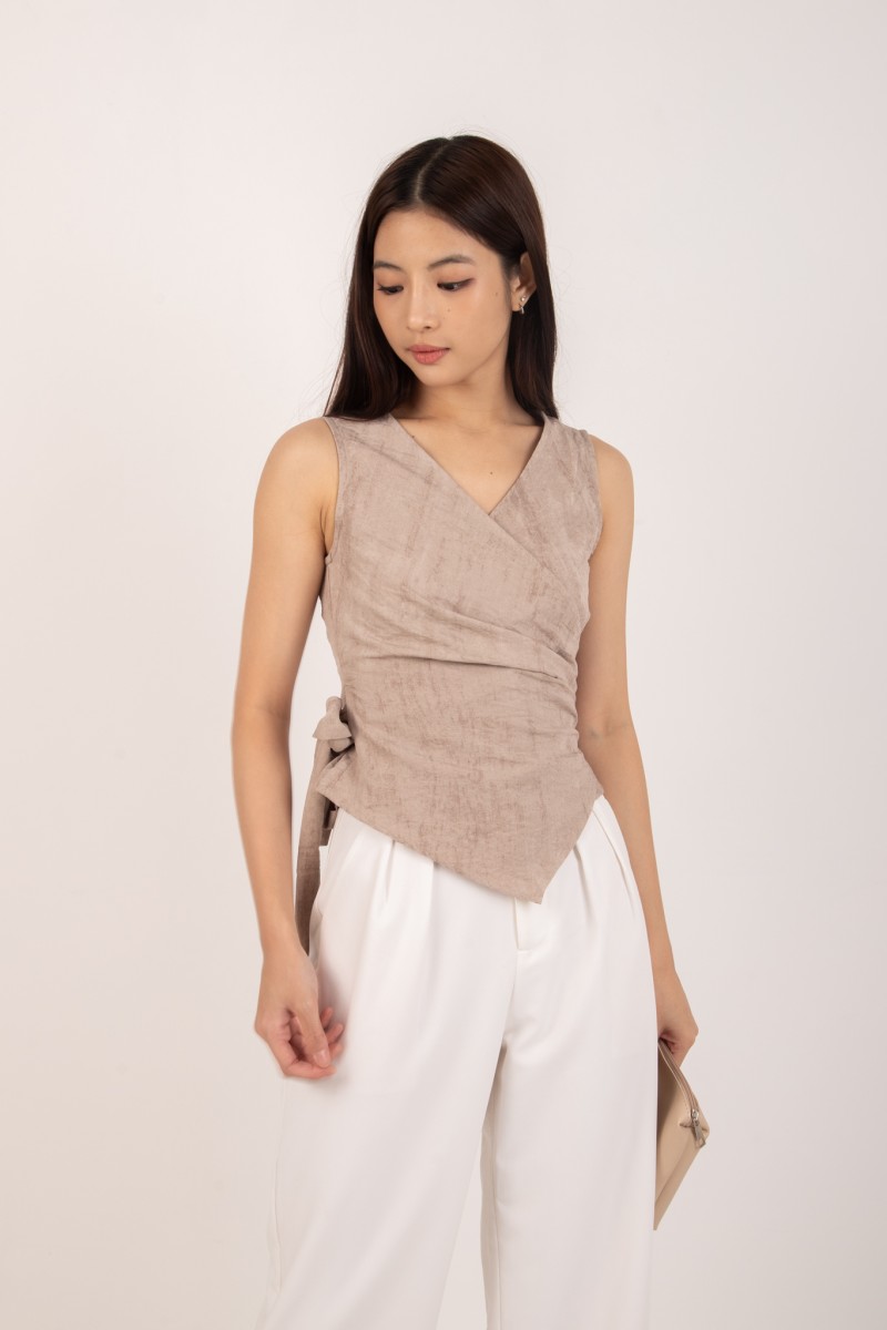 RESTOCK: Evrae Ruched Wrap Vest Top in Warm Taupe