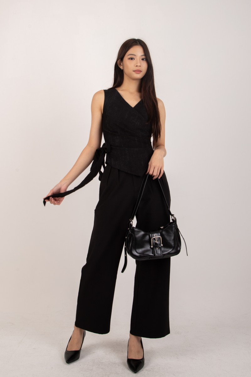 RESTOCK: Evrae Ruched Wrap Vest Top in Black