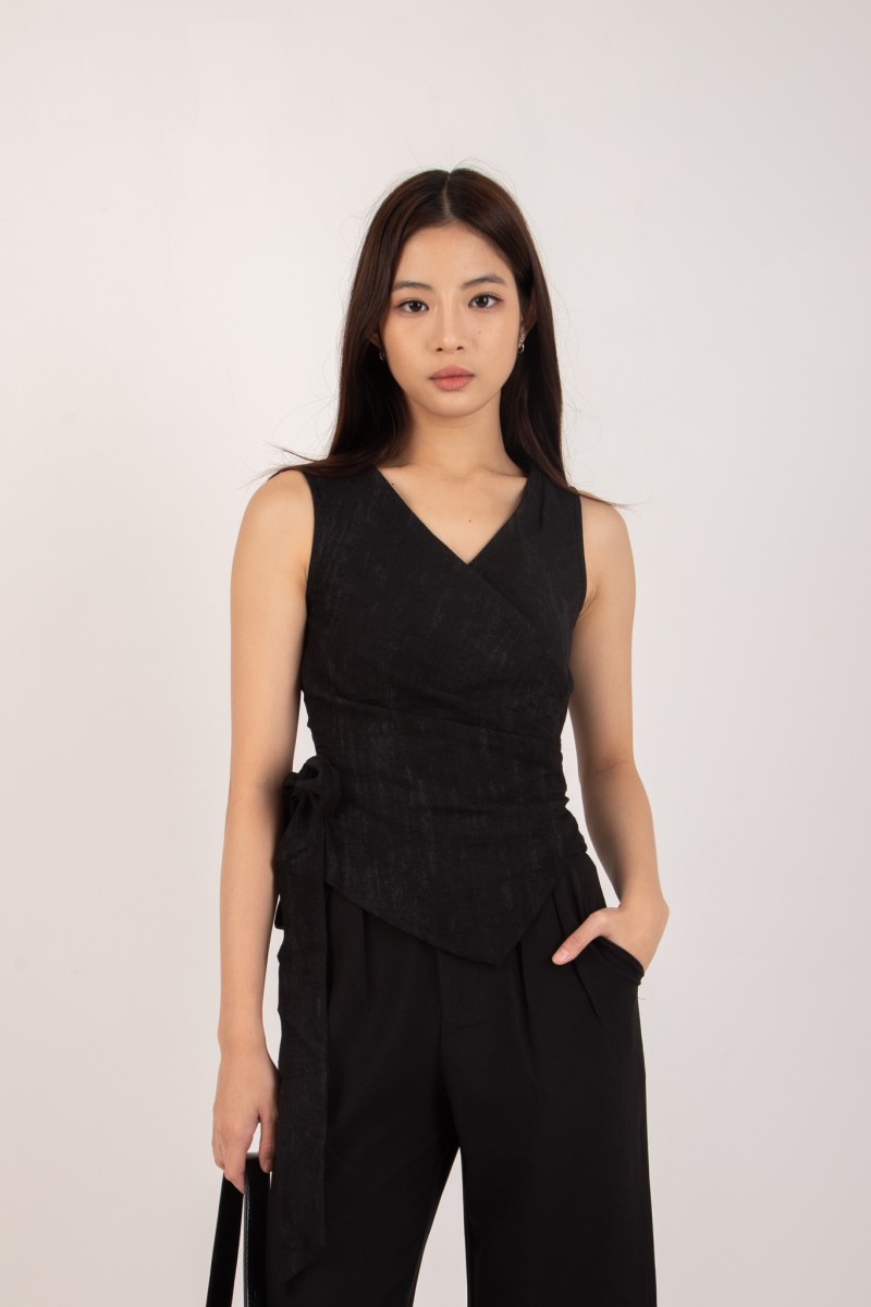 RESTOCK: Evrae Ruched Wrap Vest Top in Black