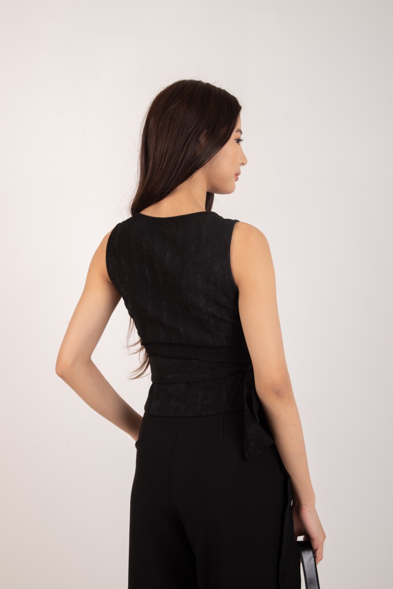 RESTOCK: Evrae Ruched Wrap Vest Top in Black