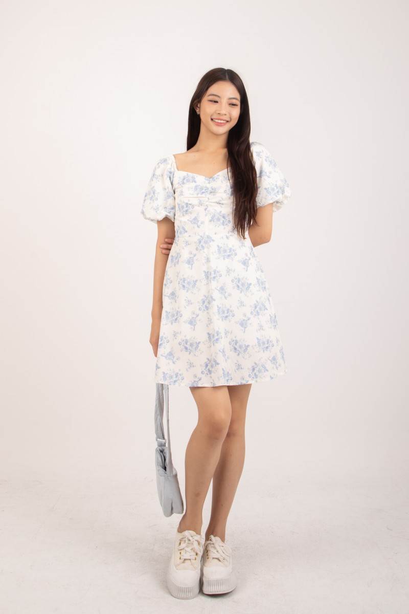 Felicie Floral Sleeved Dress in Blue