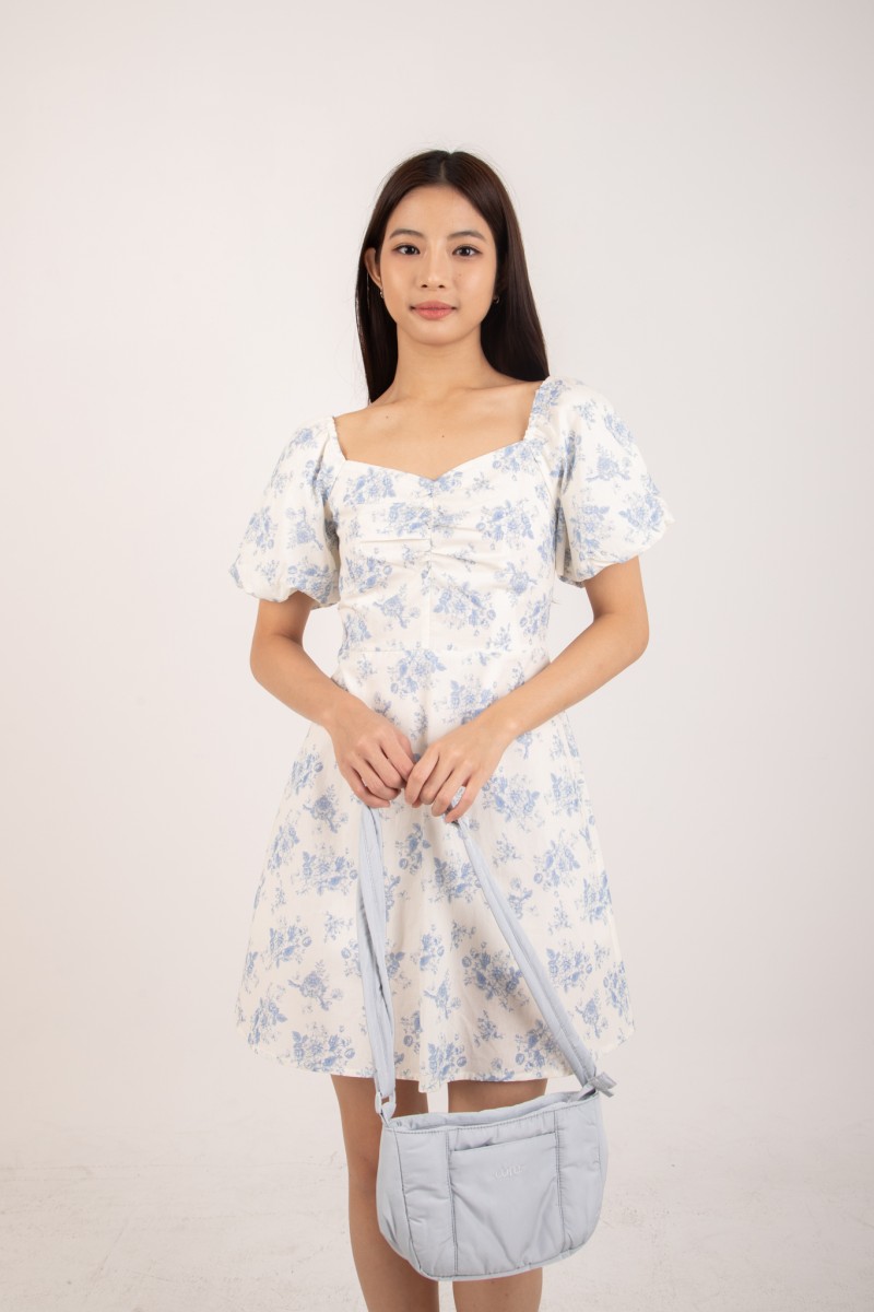 Felicie Floral Sleeved Dress in Blue