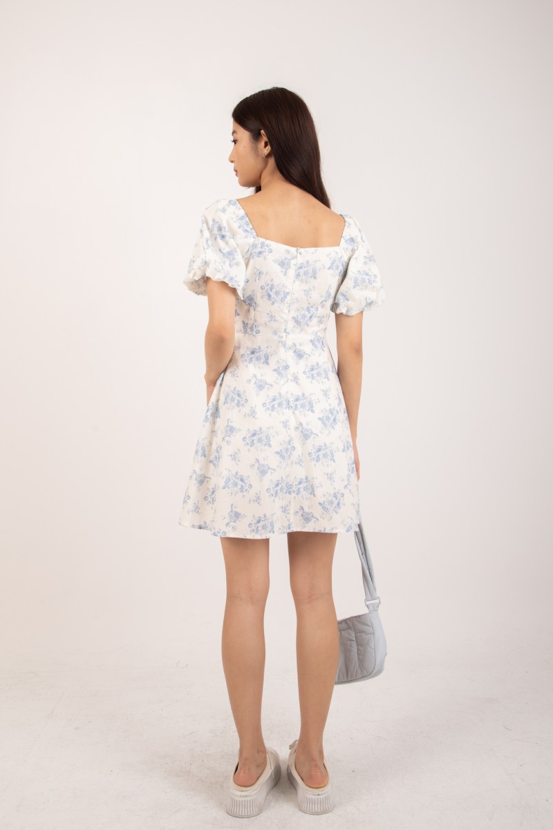 Felicie Floral Sleeved Dress in Blue