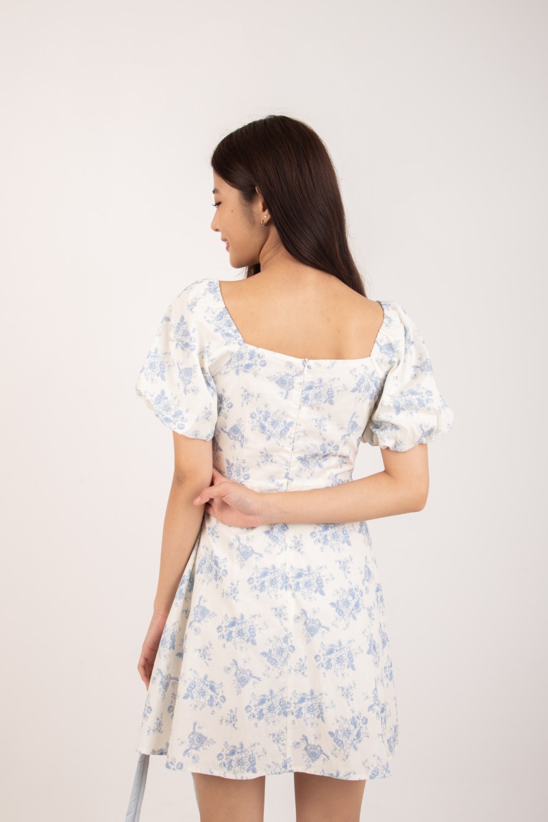 Felicie Floral Sleeved Dress in Blue