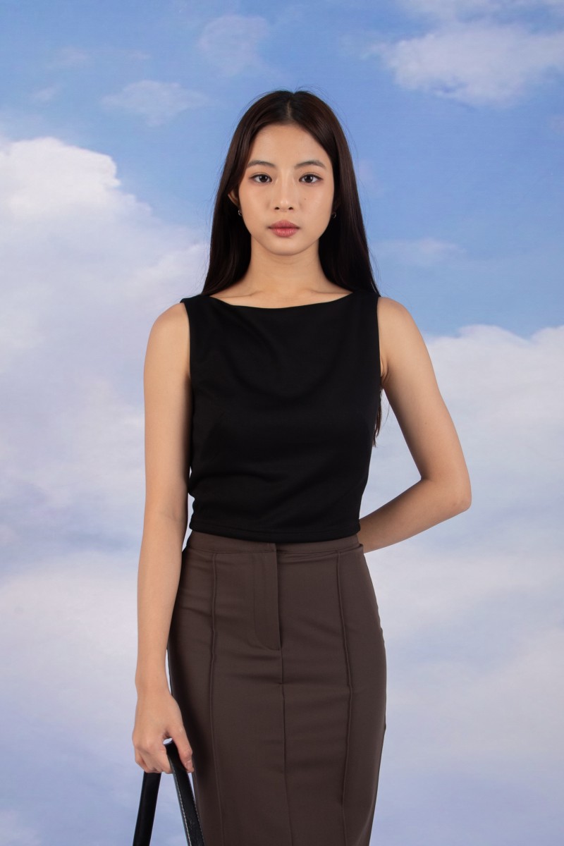 RESTOCK7: Paddle Padded Boat-Neck Top in Black