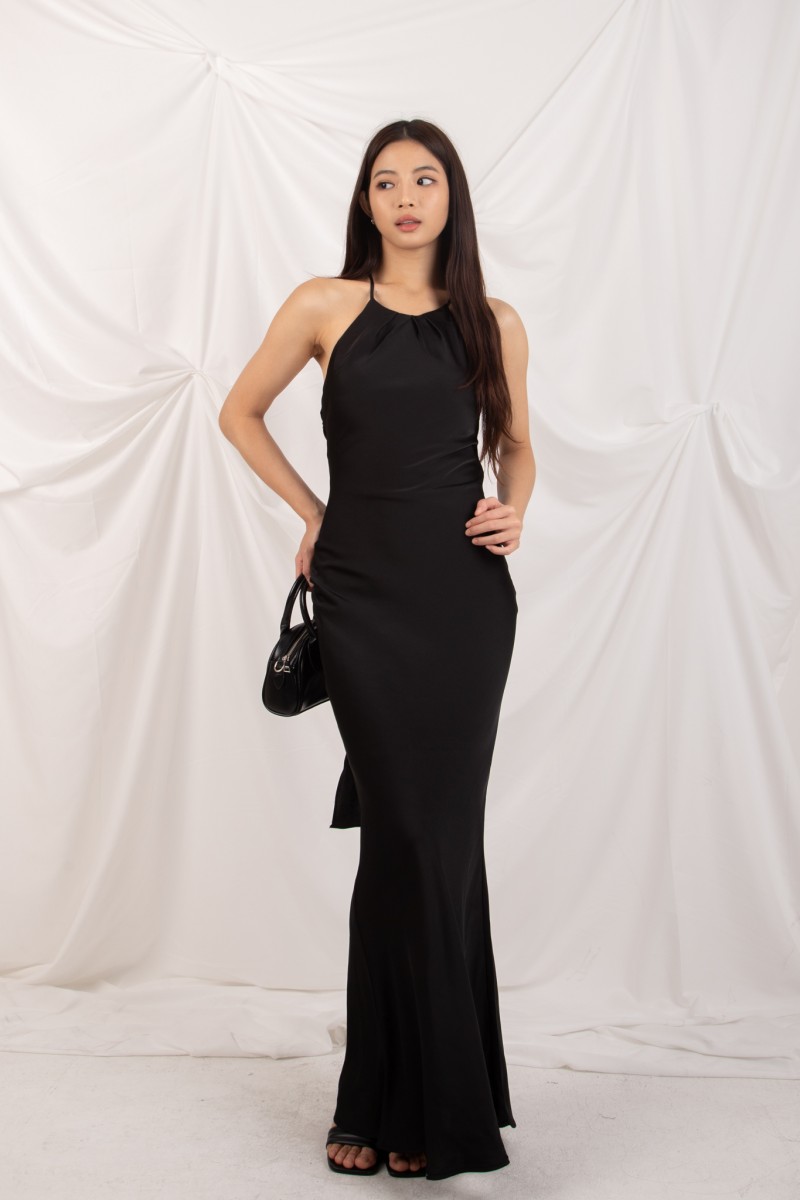 Marcelline Back-Tie Satin Dress in Black