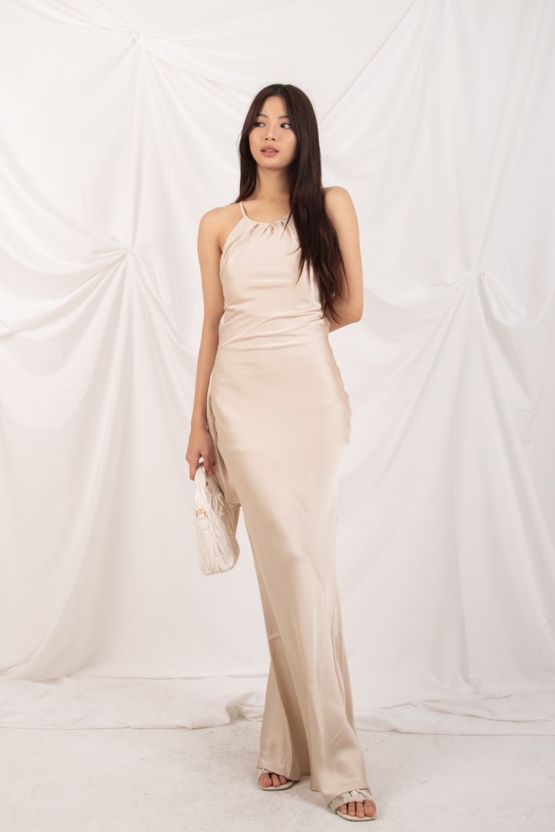RESTOCK: Marcelline Back-Tie Satin Dress in Champagne