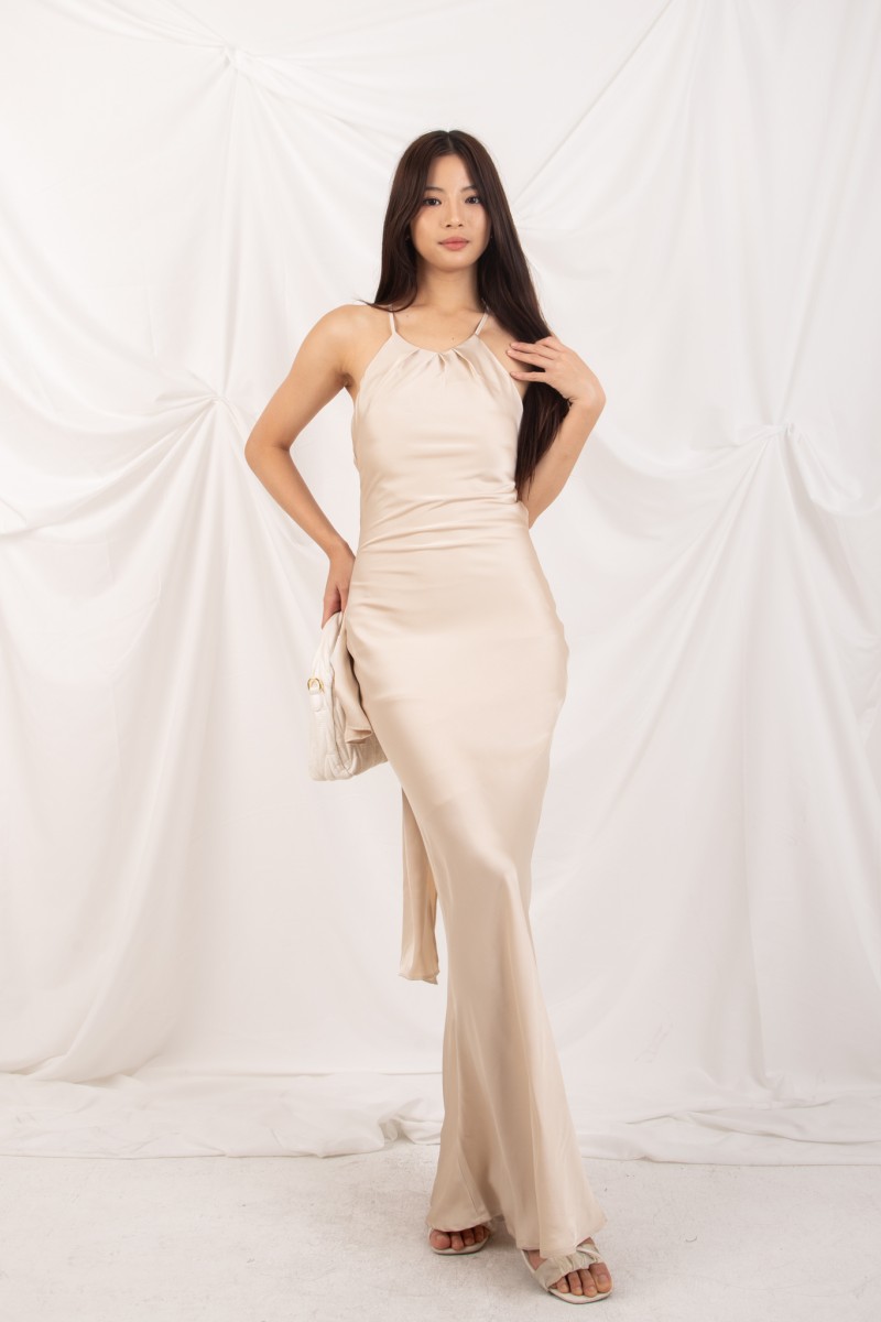 Marcelline Back-Tie Satin Dress in Champagne