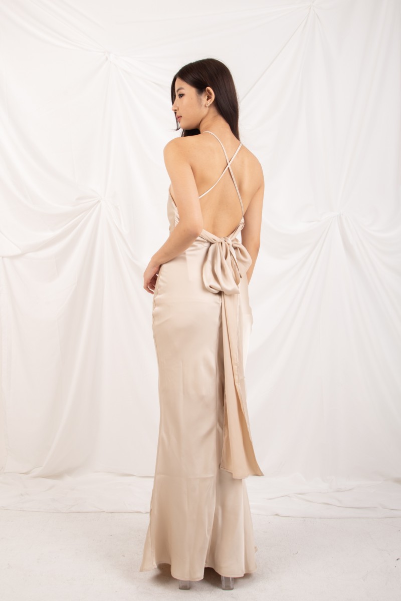 RESTOCK: Marcelline Back-Tie Satin Dress in Champagne