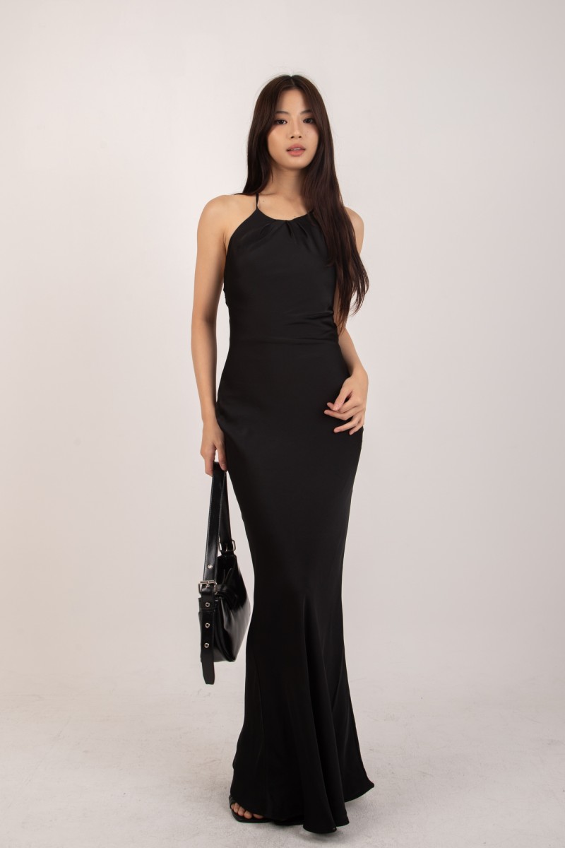 Marcelline Back-Tie Satin Dress in Black