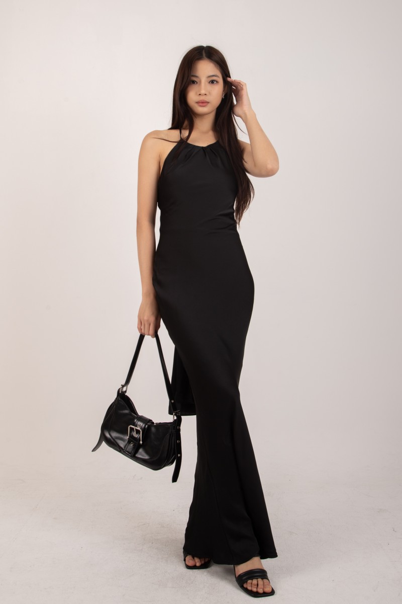 Marcelline Back-Tie Satin Dress in Black