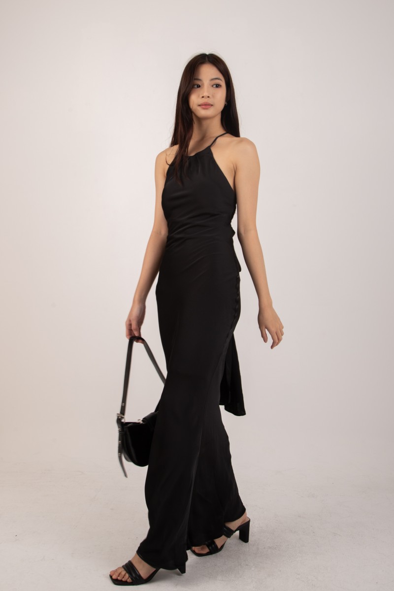 RESTOCK: Marcelline Back-Tie Satin Dress in Black