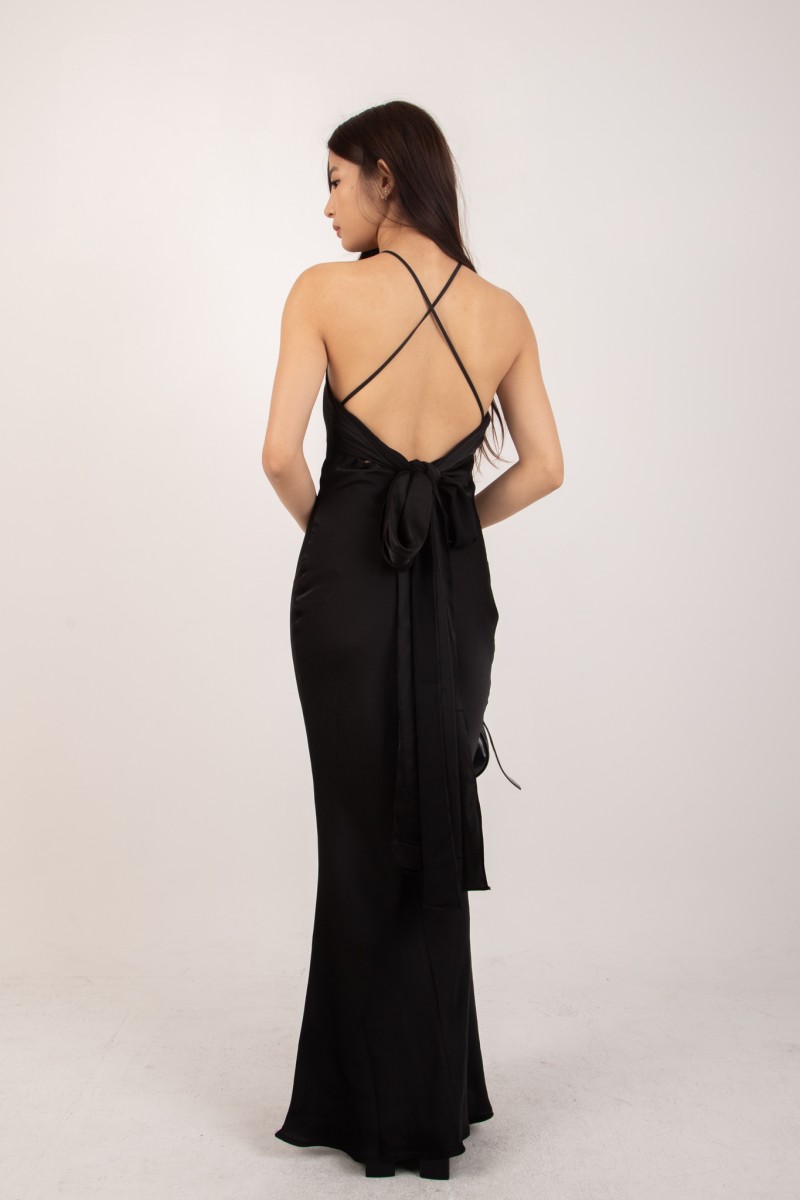 Marcelline Back-Tie Satin Dress in Black