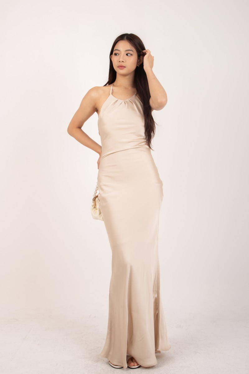 RESTOCK: Marcelline Back-Tie Satin Dress in Champagne