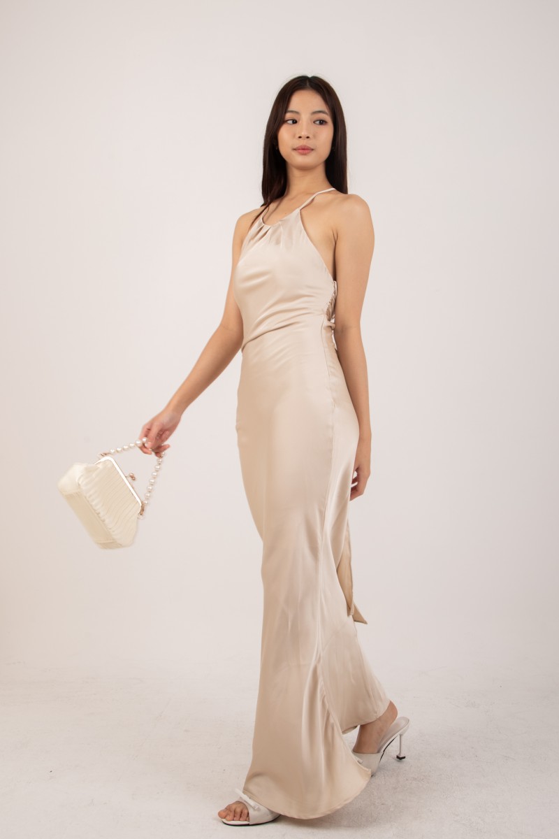 RESTOCK: Marcelline Back-Tie Satin Dress in Champagne