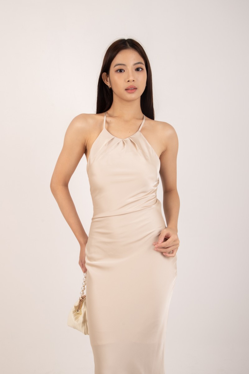 Marcelline Back-Tie Satin Dress in Champagne