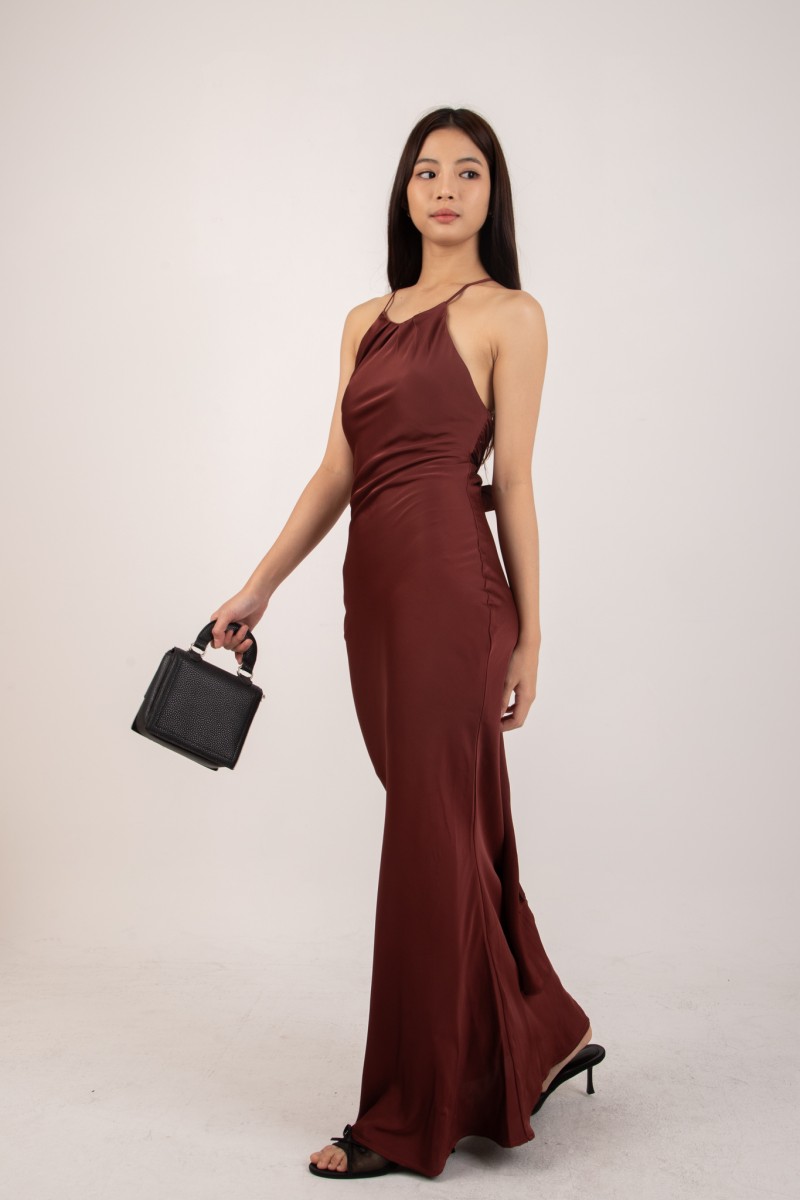RESTOCK: Marcelline Back-Tie Satin Dress in Wine