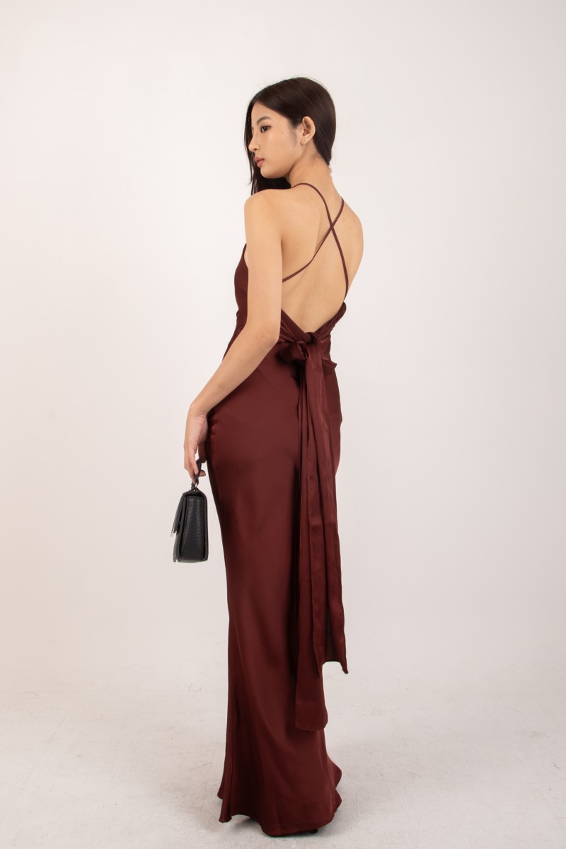RESTOCK: Marcelline Back-Tie Satin Dress in Wine