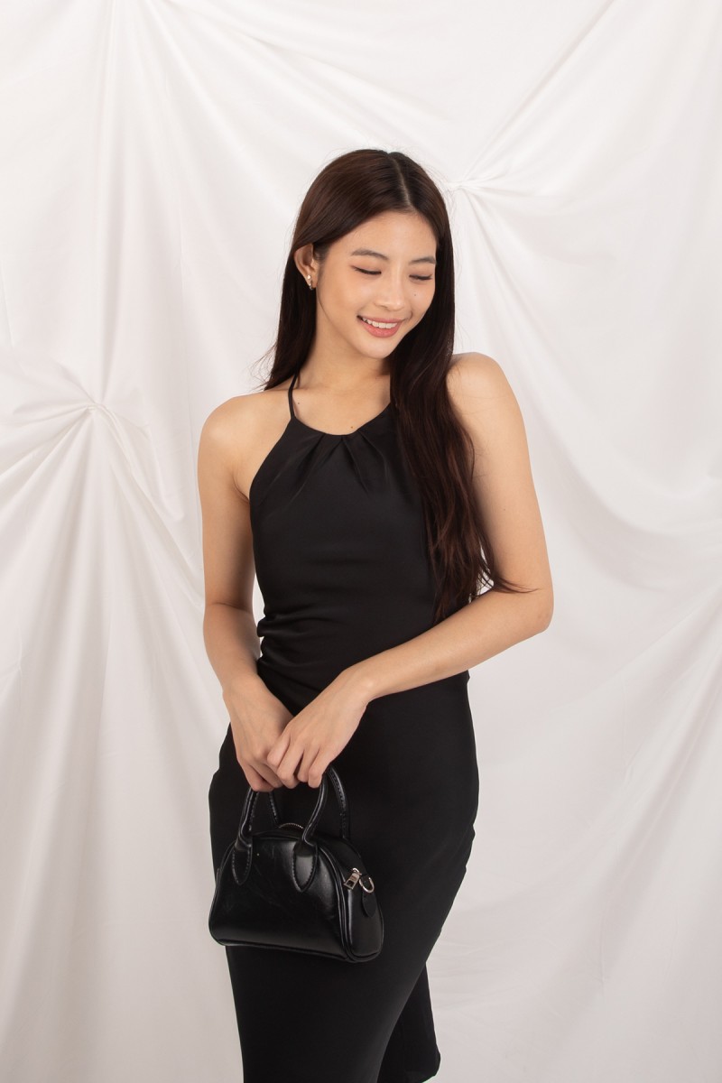 Marcelline Back-Tie Satin Dress in Black