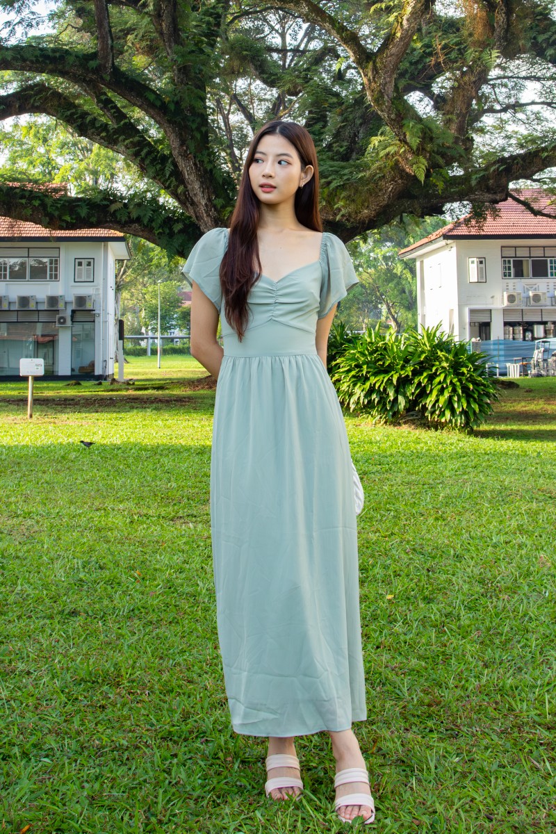 Sorelle Sweetheart Puff-Sleeve Maxi Dress in Sage