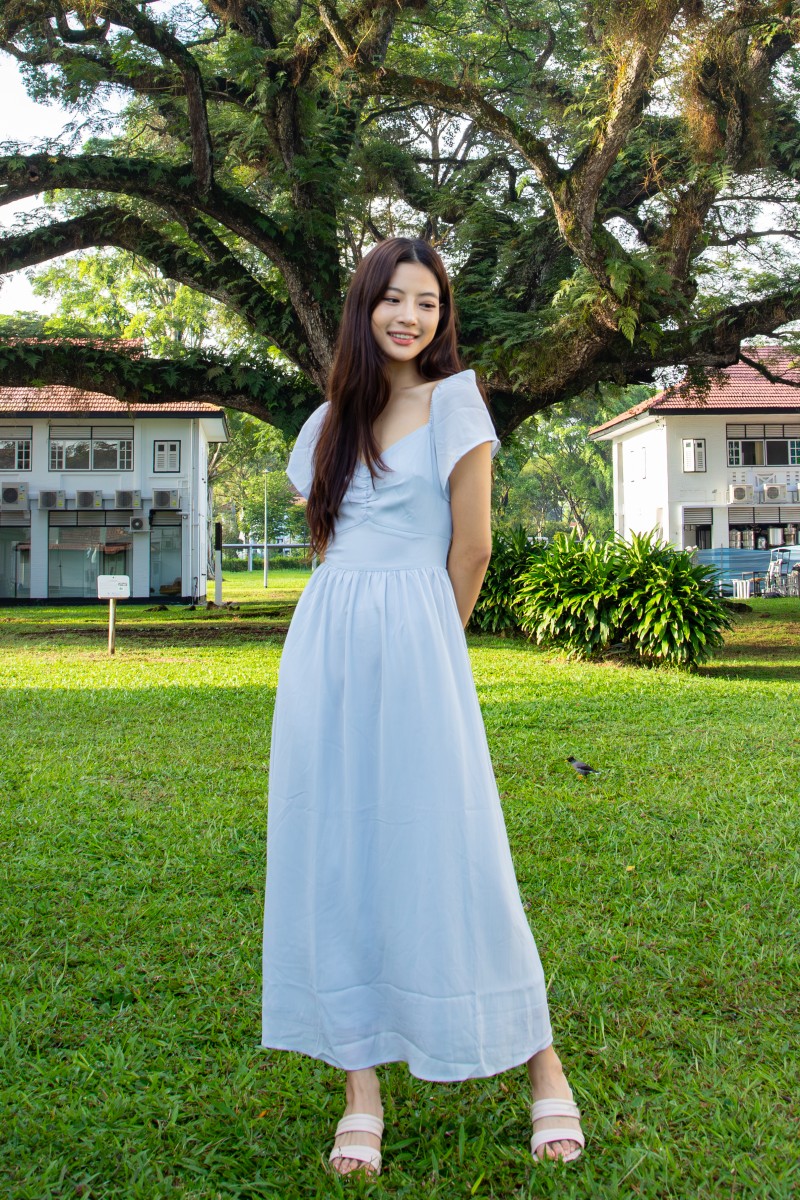 Sorelle Sweetheart Puff-Sleeve Maxi Dress in Blue