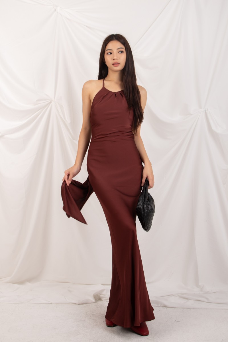 BACKORDERS2: Marcelline Back-Tie Satin Dress in Wine