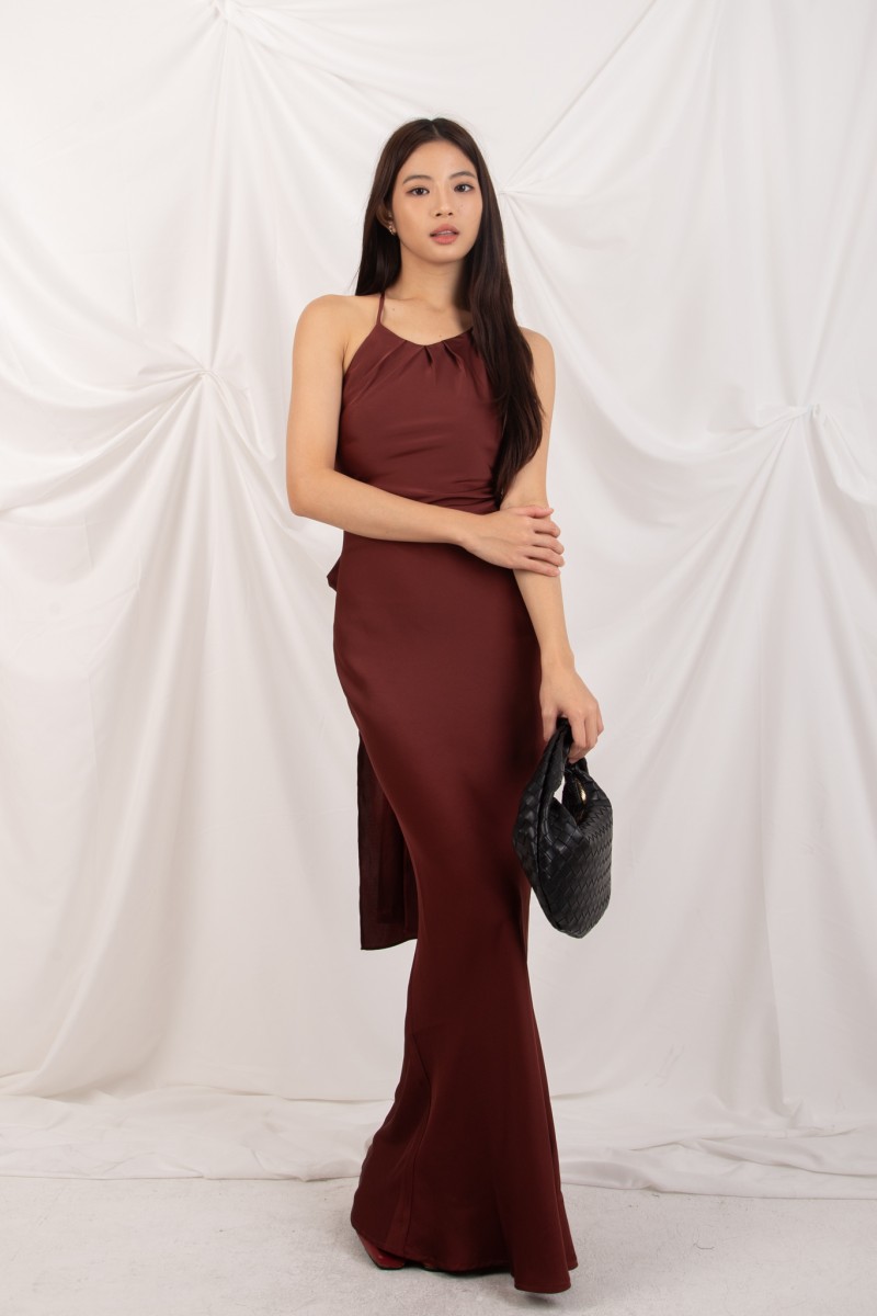 BACKORDERS2: Marcelline Back-Tie Satin Dress in Wine