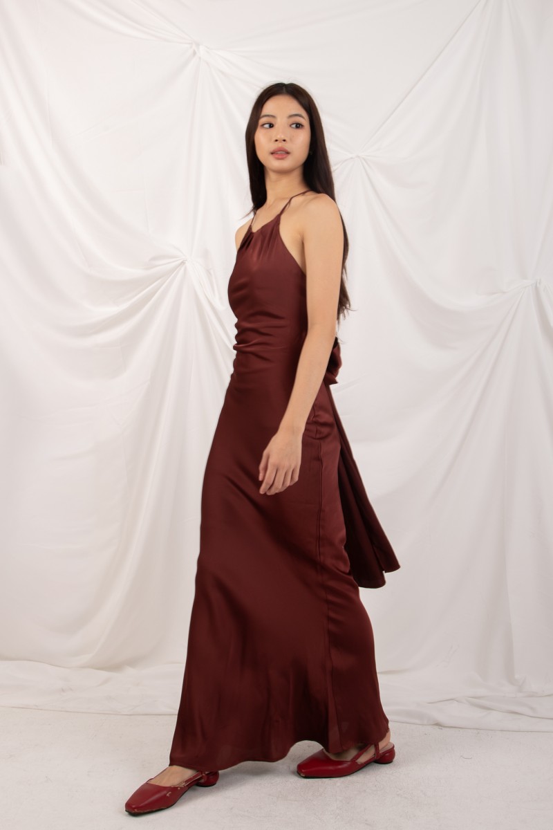 BACKORDERS2: Marcelline Back-Tie Satin Dress in Wine