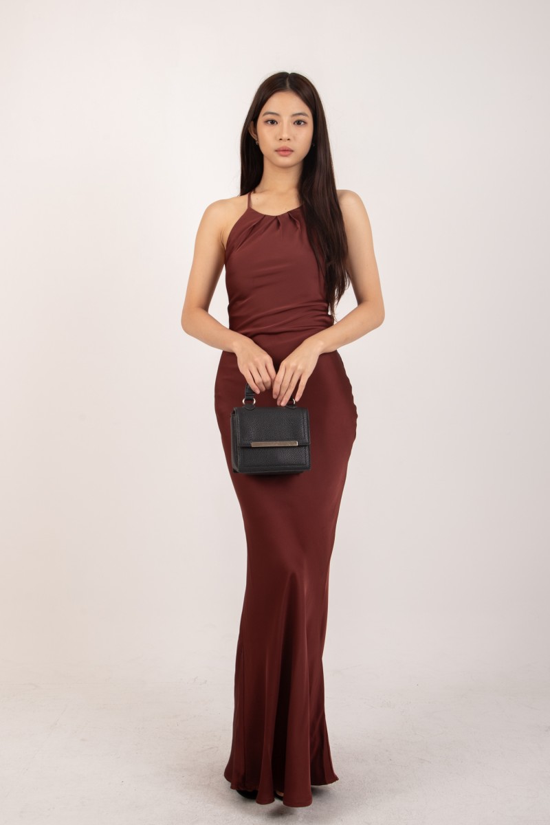 BACKORDERS2: Marcelline Back-Tie Satin Dress in Wine