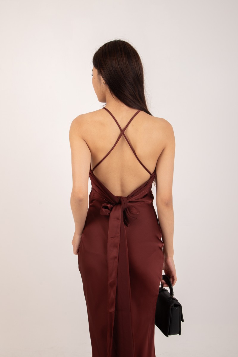 BACKORDERS2: Marcelline Back-Tie Satin Dress in Wine