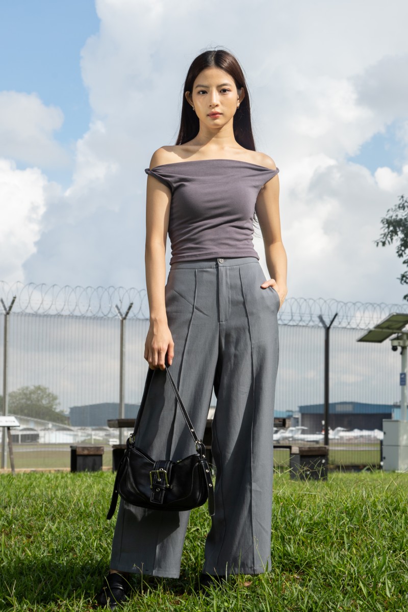Kove Off-Shoulder Foldover Top in Gunmetal