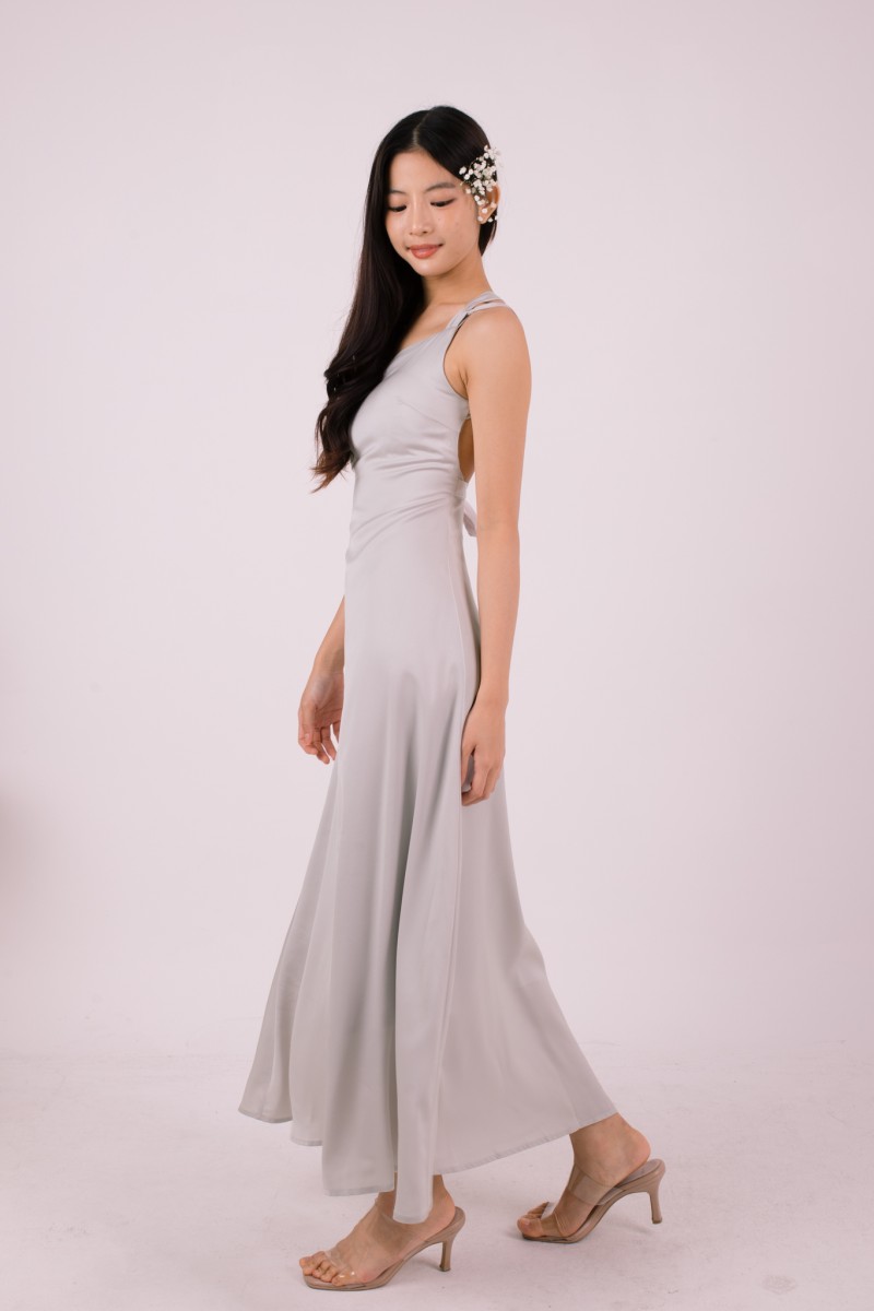 BACKORDERS3: Labella Self-Tie Backless Dress in Stone Grey