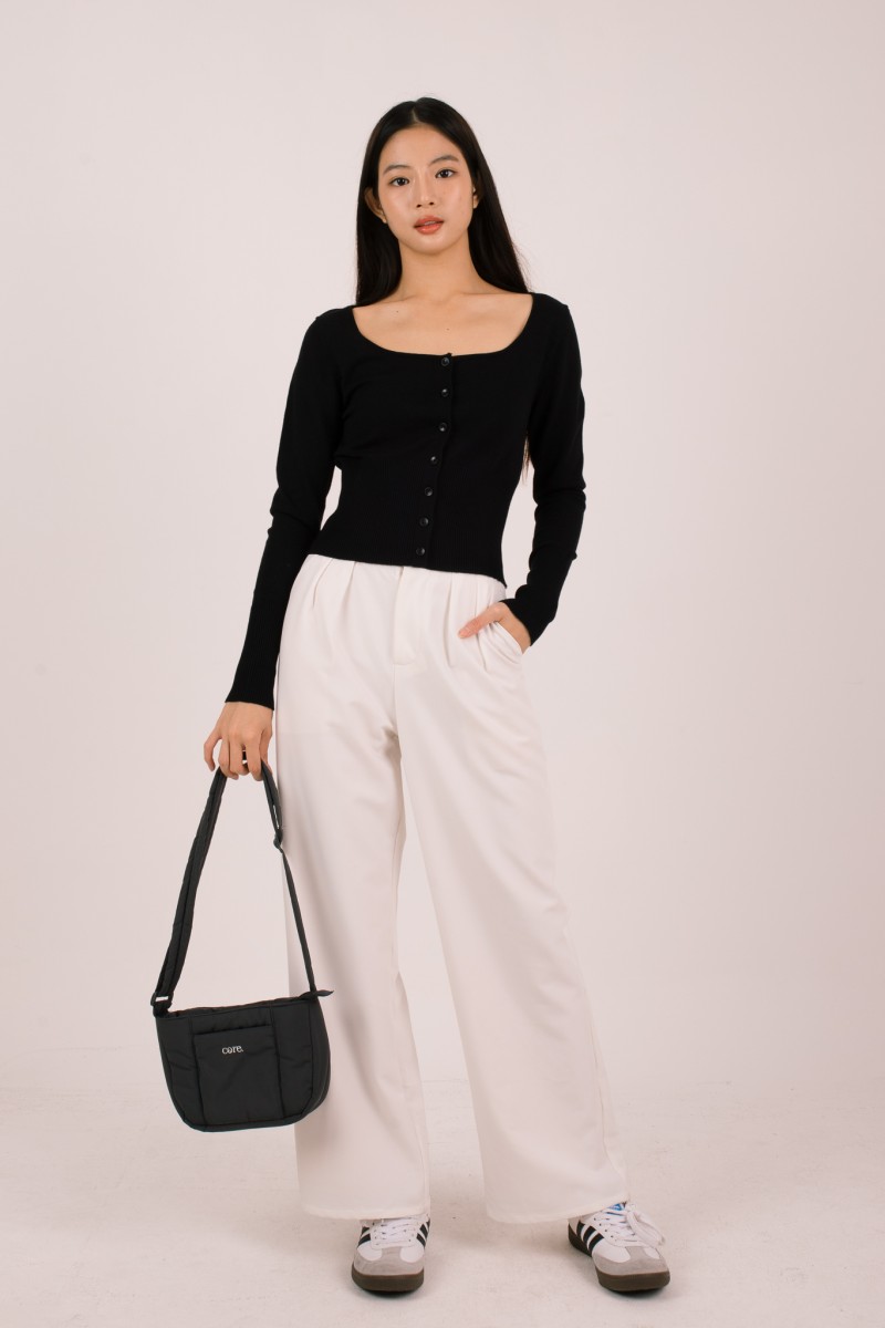 BACKORDERS: Silena Wide Neck Button Cardigan in Black