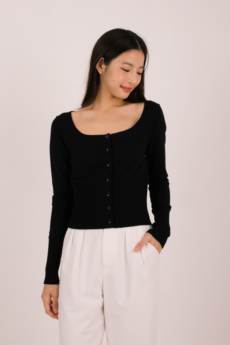 BACKORDERS: Silena Wide Neck Button Cardigan in Black