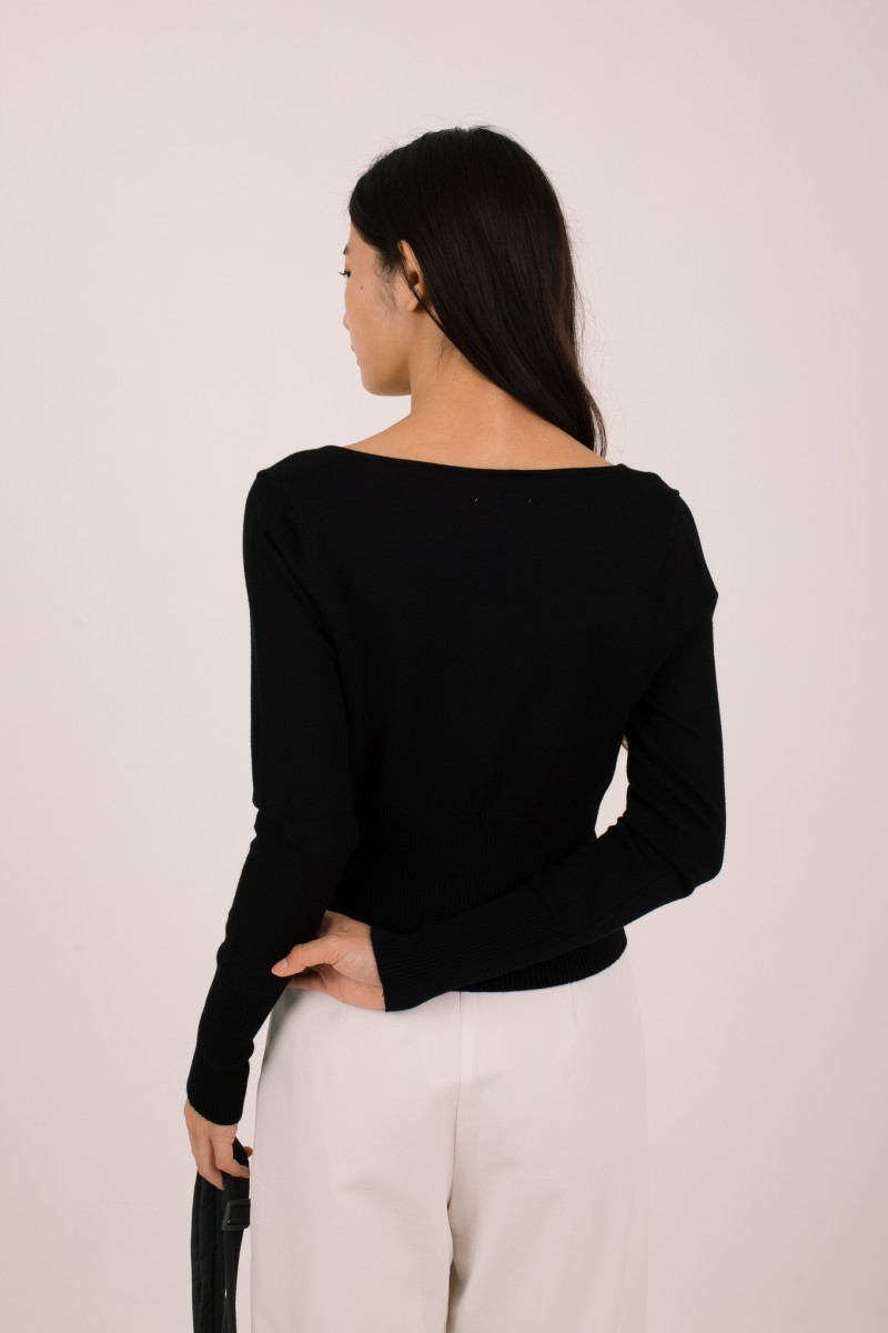 BACKORDERS: Silena Wide Neck Button Cardigan in Black