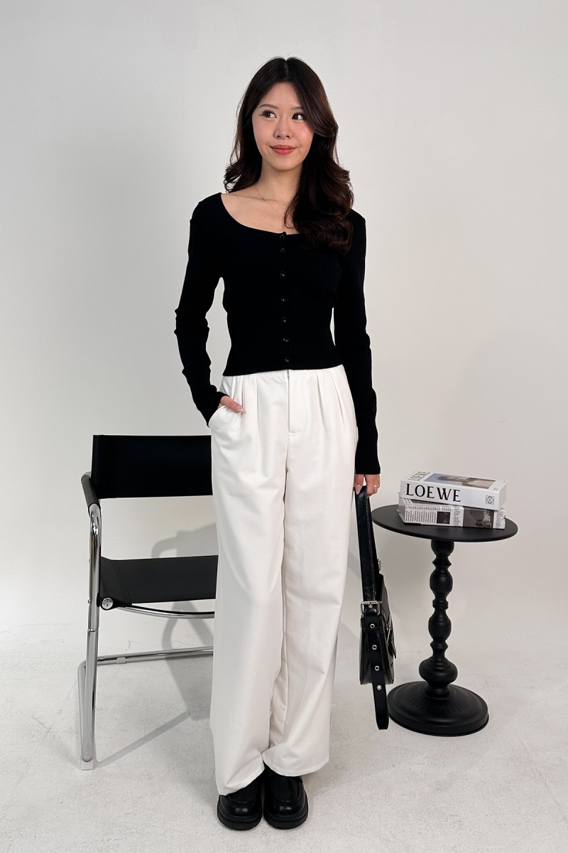 BACKORDERS: Silena Wide Neck Button Cardigan in Black