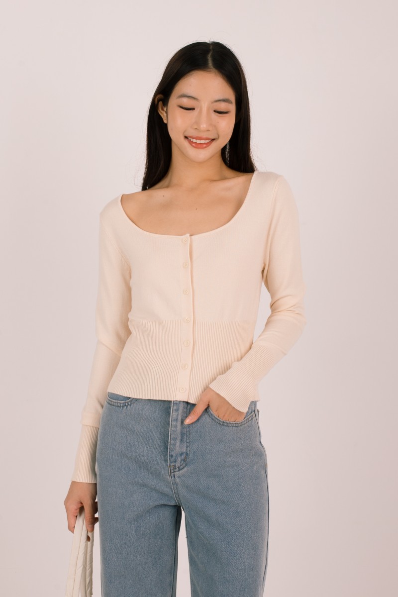 BACKORDERS: Silena Wide Neck Button Cardigan in Ice Yellow